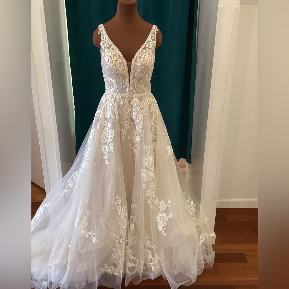 Carrafina sheer beaded illusion v-neck tulle gown